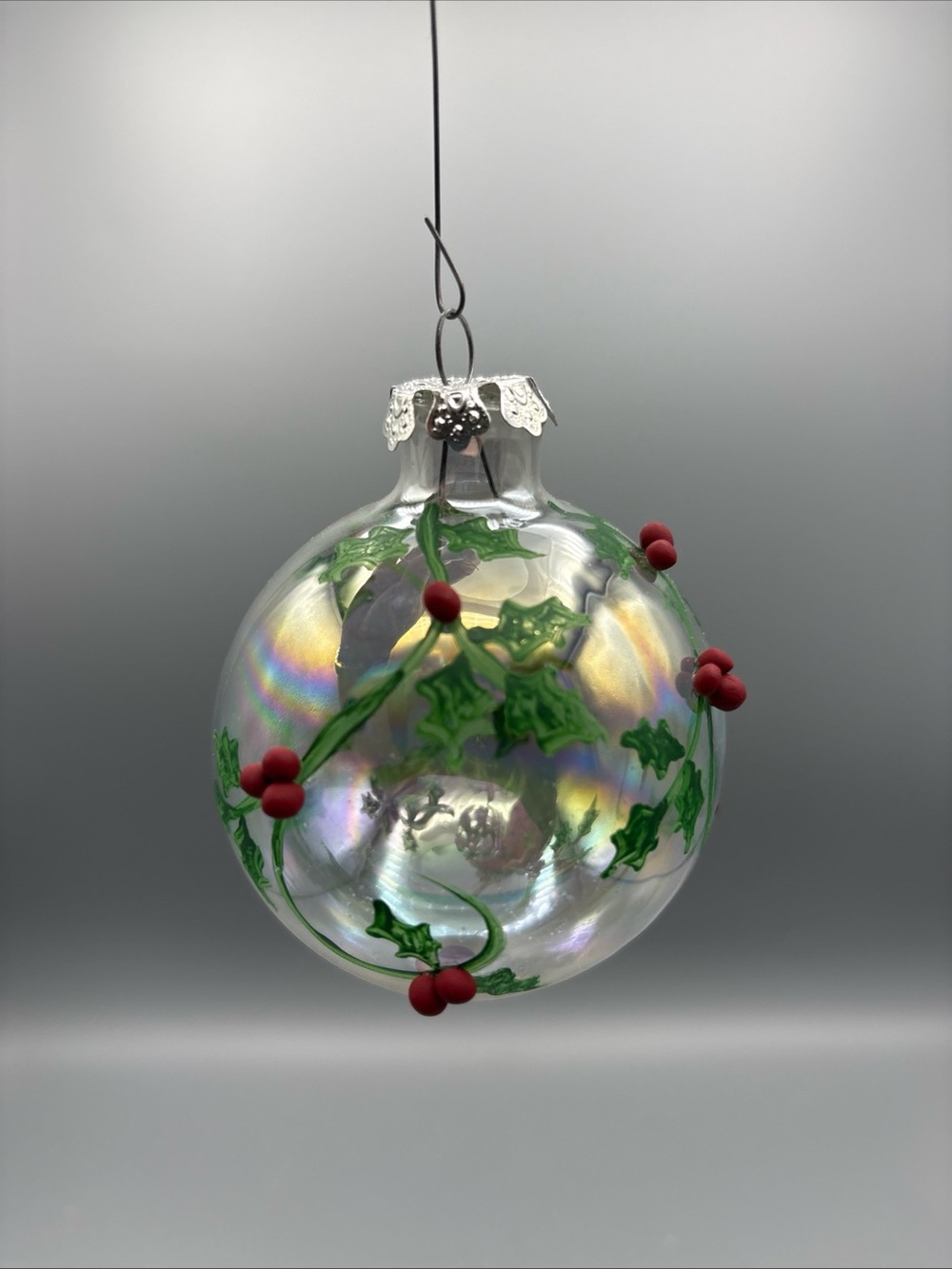 Hand-Painted Iridescent Holiday Ornament with Holly Berries